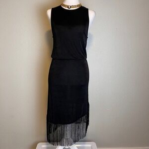 MNG Mango Black Sleeveless Midi Dress with Fringe Cocktail‎ Party